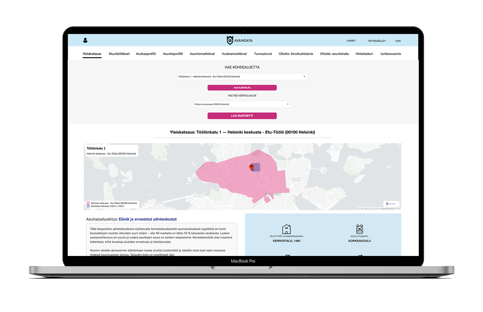 Avaindata-tietopalvelu. Näkymä kohdealueen yleiskatsauksesta.